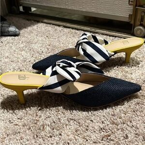 J. Crew Navy and Yellow Mules with Striped Bow